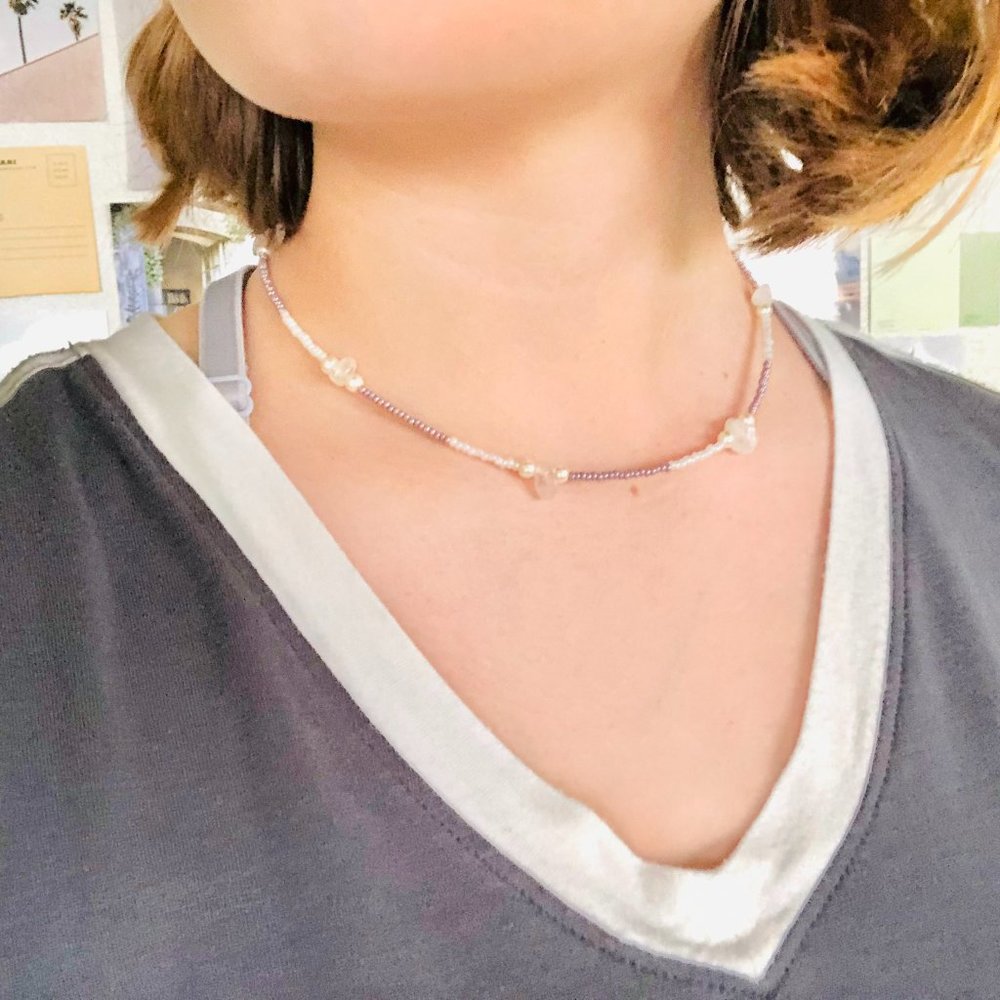 Beaded Choker Necklace - Purple Crystal